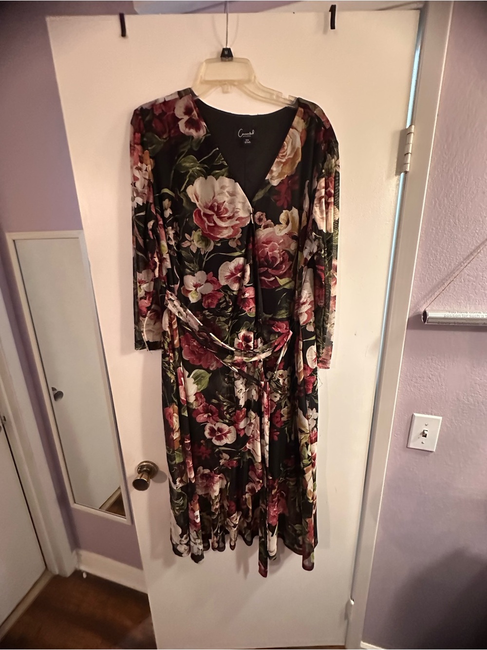 connected apparel Black Floral Wrap Dress with Burgundy and Cream Blooms